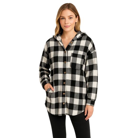 Hooded Oversized Shacket Jacket Black White Plaid Women’s Small | 90s Grunge Y2K - Picture 1 of 7